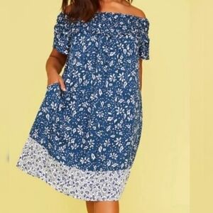 LANE BRYANT FLORAL SMOCKED OFF THE SHOULDER BLUE WHITE SWING DRESS